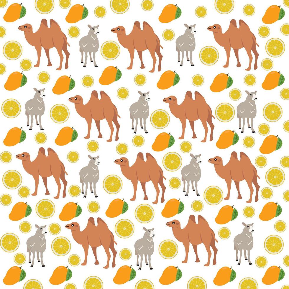camel, sheep with mango fruit as a pattern background vector