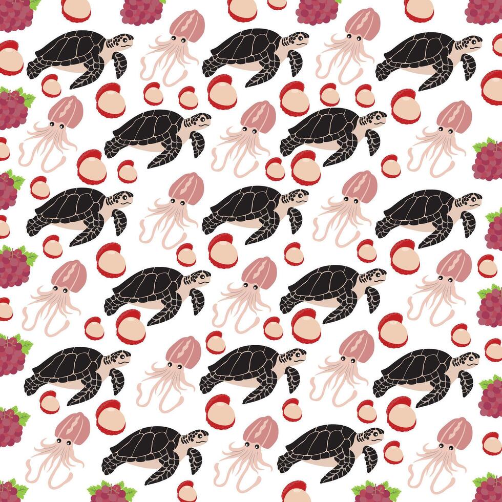 turtle, squid with fruit as a pattern background vector