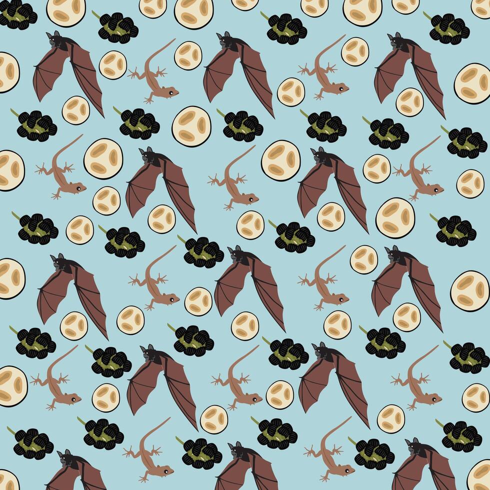 gecko, bat with fruit as a pattern background vector