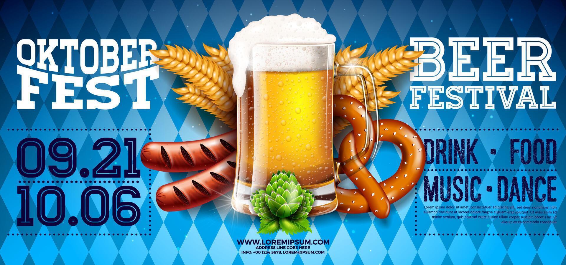 Oktoberfest Party Poster Illustration with Fresh Lager Beer, Pretzel, Sausage on Blue and White Bavaria Flag Pattern Background. Celebration Flyer Template for Traditional German Beer Festival. vector