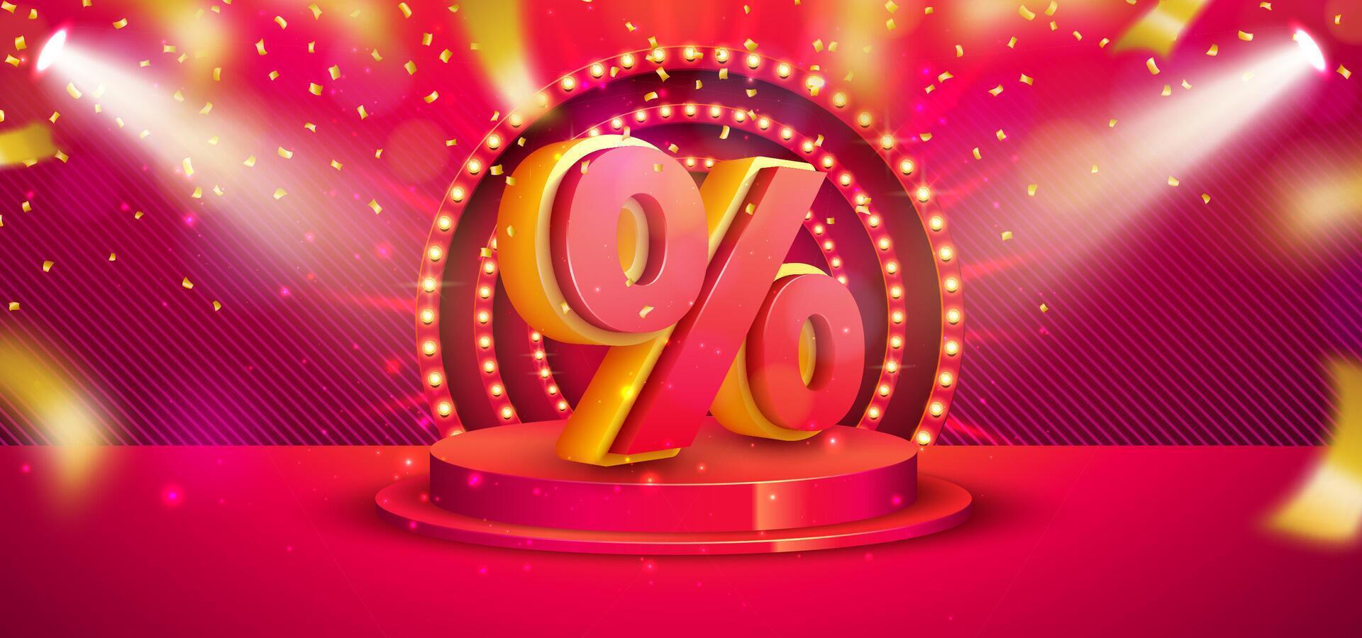 Shopping Day Sale Banner Design with Stage Podium and Light Bulb Billboard on Falling Confetti Background. Special Offer Campaign Discount Illustration for Coupon, Voucher, Banner, Flyer vector