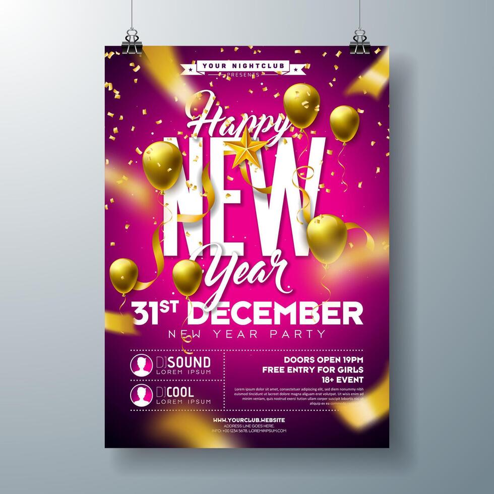 2025 New Year Party Celebration Poster Template illustration with 3d Number and Falling Colorful Confetti on Colorful Background. Holiday Premium Invitation Flyer or Promo Banner vector