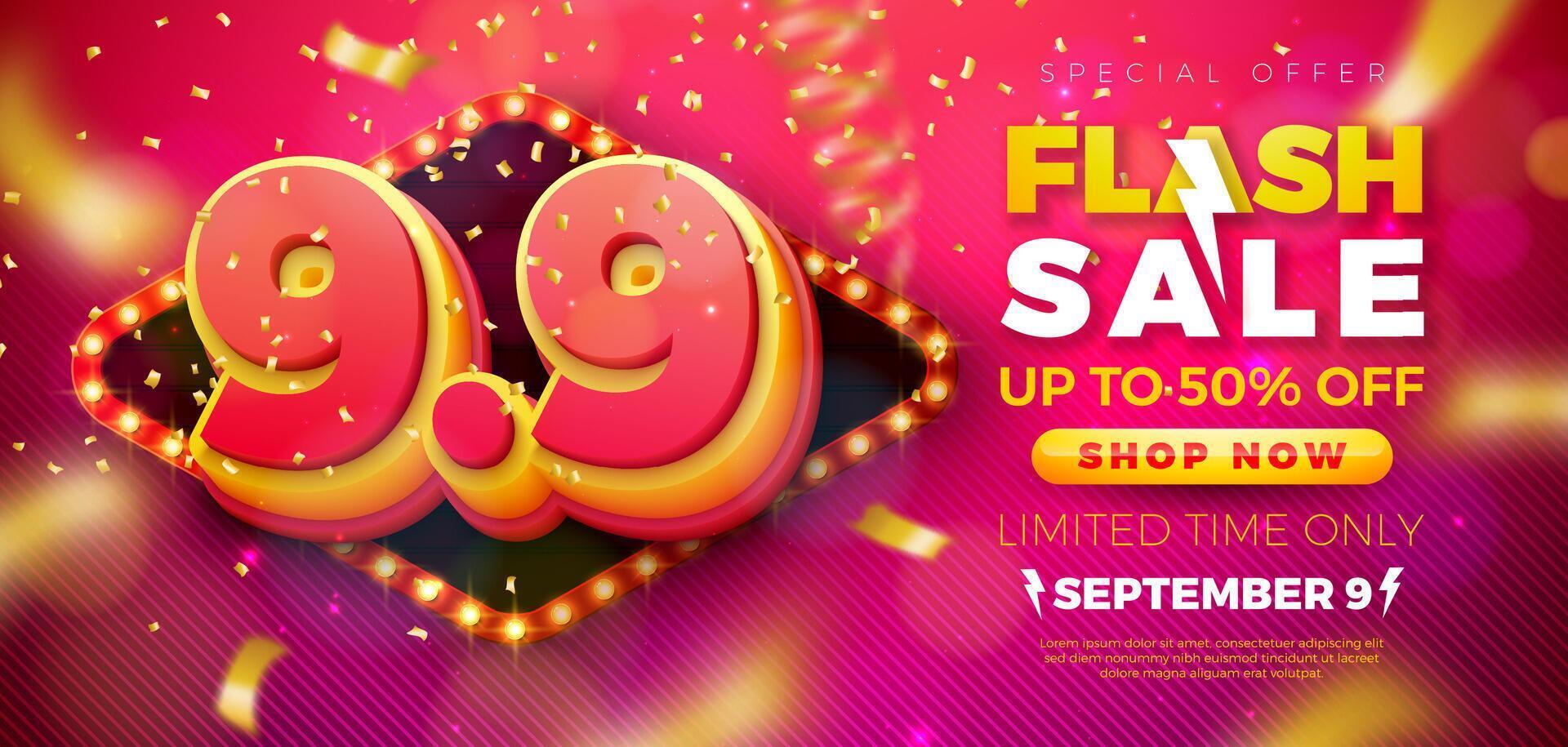9 September Shopping Day Flash Sale Design with 3d 9.9 Number and Light Bulb Billboard on Red Background. Special Offer 50 Percent Off Campaign Discount Illustration for Coupon, Voucher, Banner vector