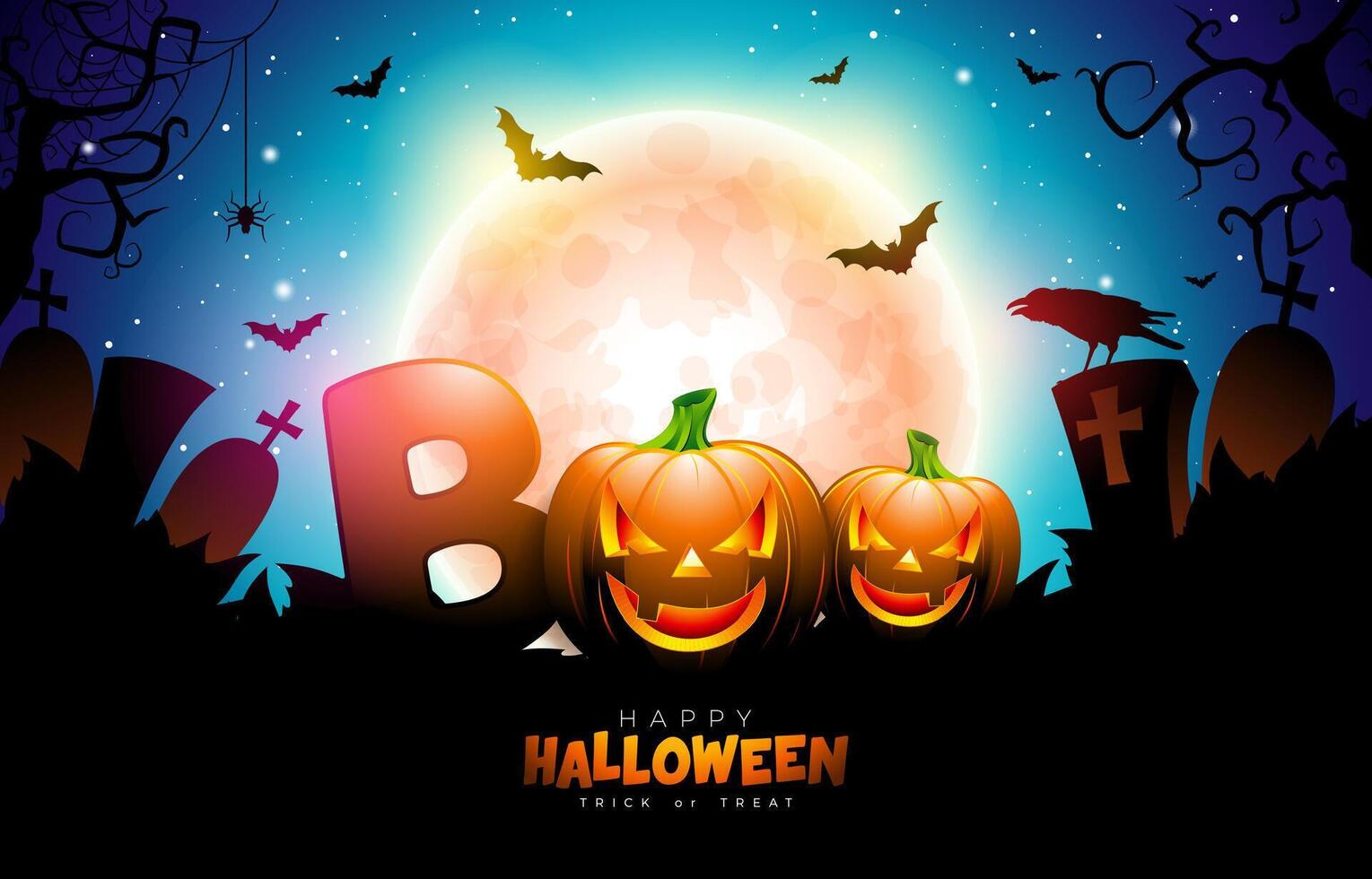 Happy Halloween Illustration with Pumpkin and Flying Bats on Night Cemetery Background. Autumn Holiday Design Template for Greeting Card, Flyer, Banner, Celebration Poster or Party Invitation. vector