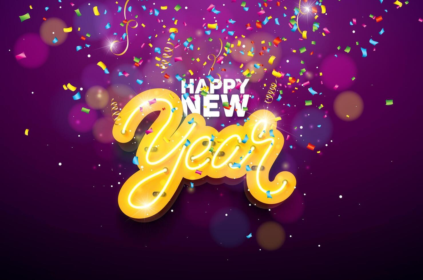 2025 Happy New Year illustration with Bright Neon Light Lettering and Colorful Falling Confetti on Blurry Background. Christmas Holiday Season Design with Shiny Bright Lights for Flyer, Greeting Card vector