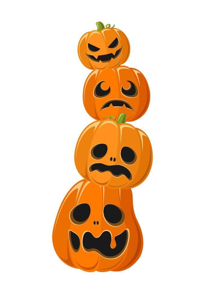 Stack of Jack O Lanterns, Cute Funny Halloween Pumpkins, Creepy Spooky Scary Decorations vector