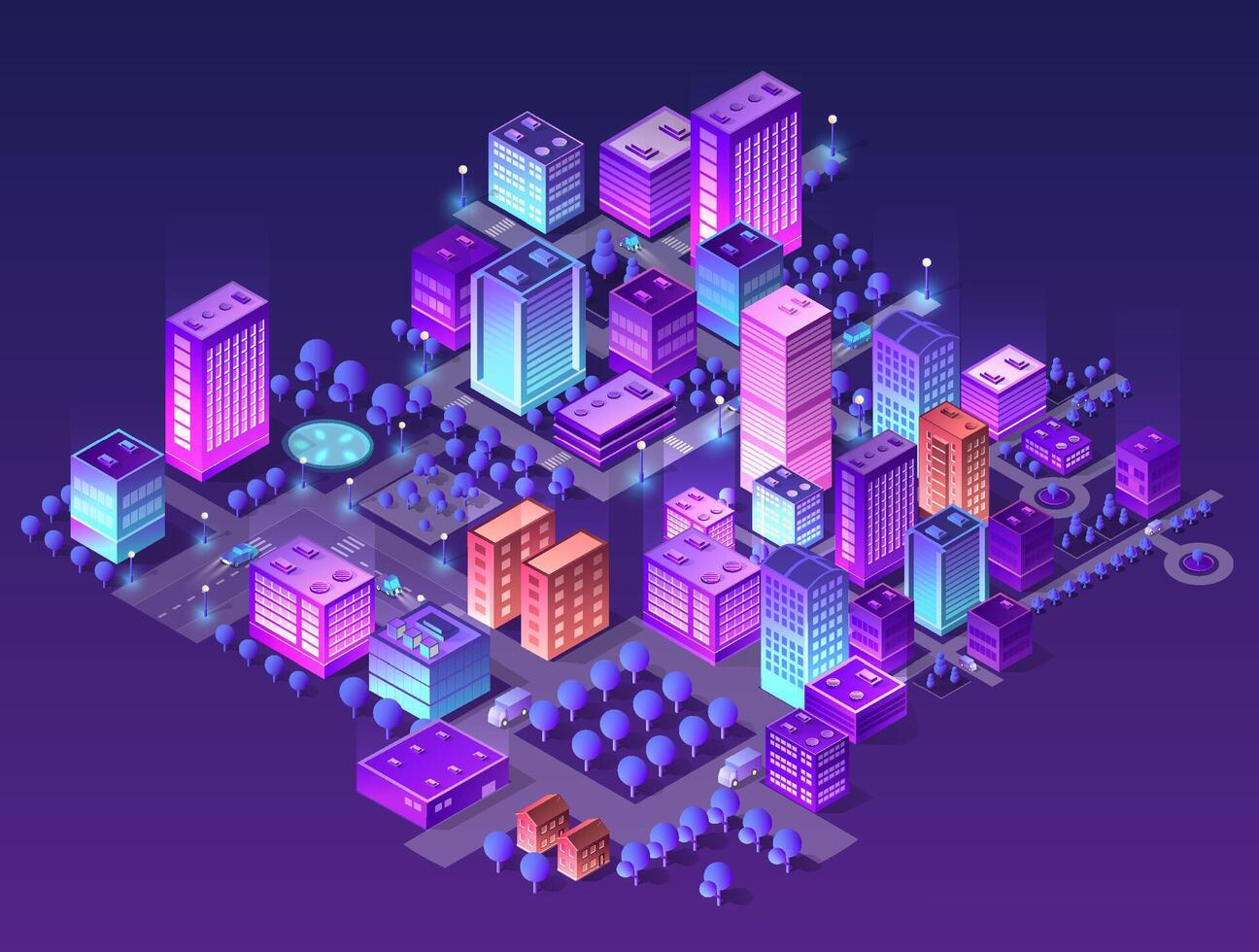 Residential town night city urban 3D illustration of neon ultraviolet of urban infrastructure isometric buildings. graphics of the modern architecture construction. vector