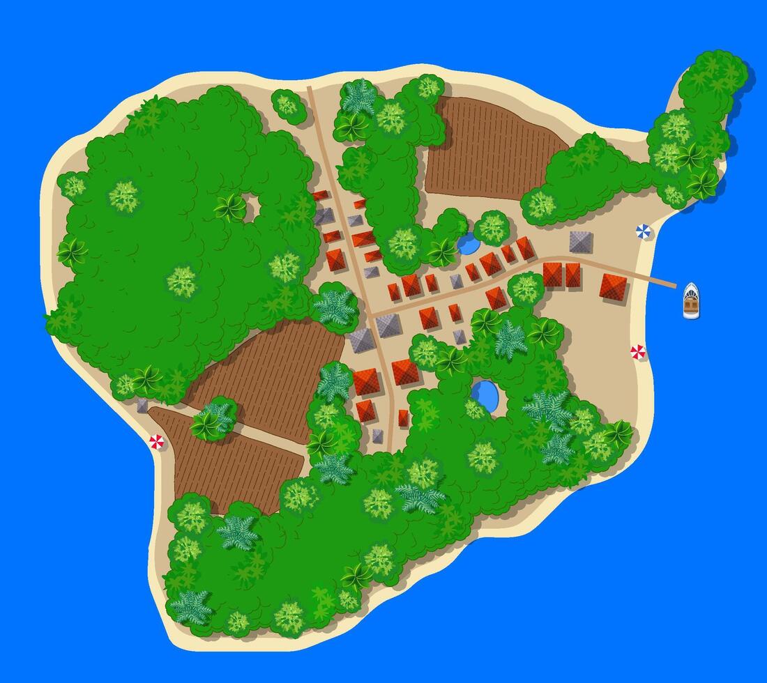 Top view of the island paradise of landscape bungalow caribbean coast for recreation 3D illustration vector