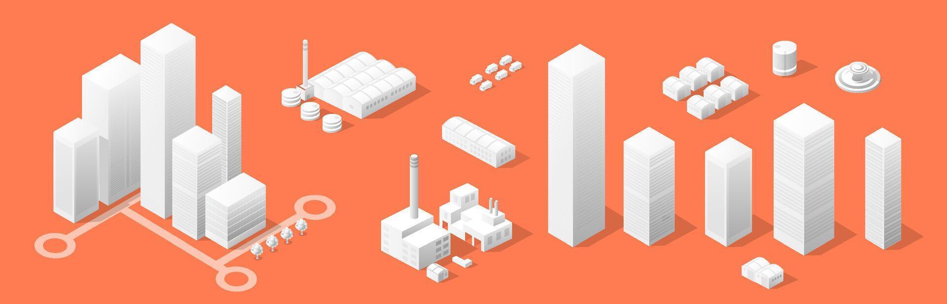 City urban area map Isometric vehicles 3D illustration architecture town street with a lot of building houses and skyscrapers, streets, trees vector