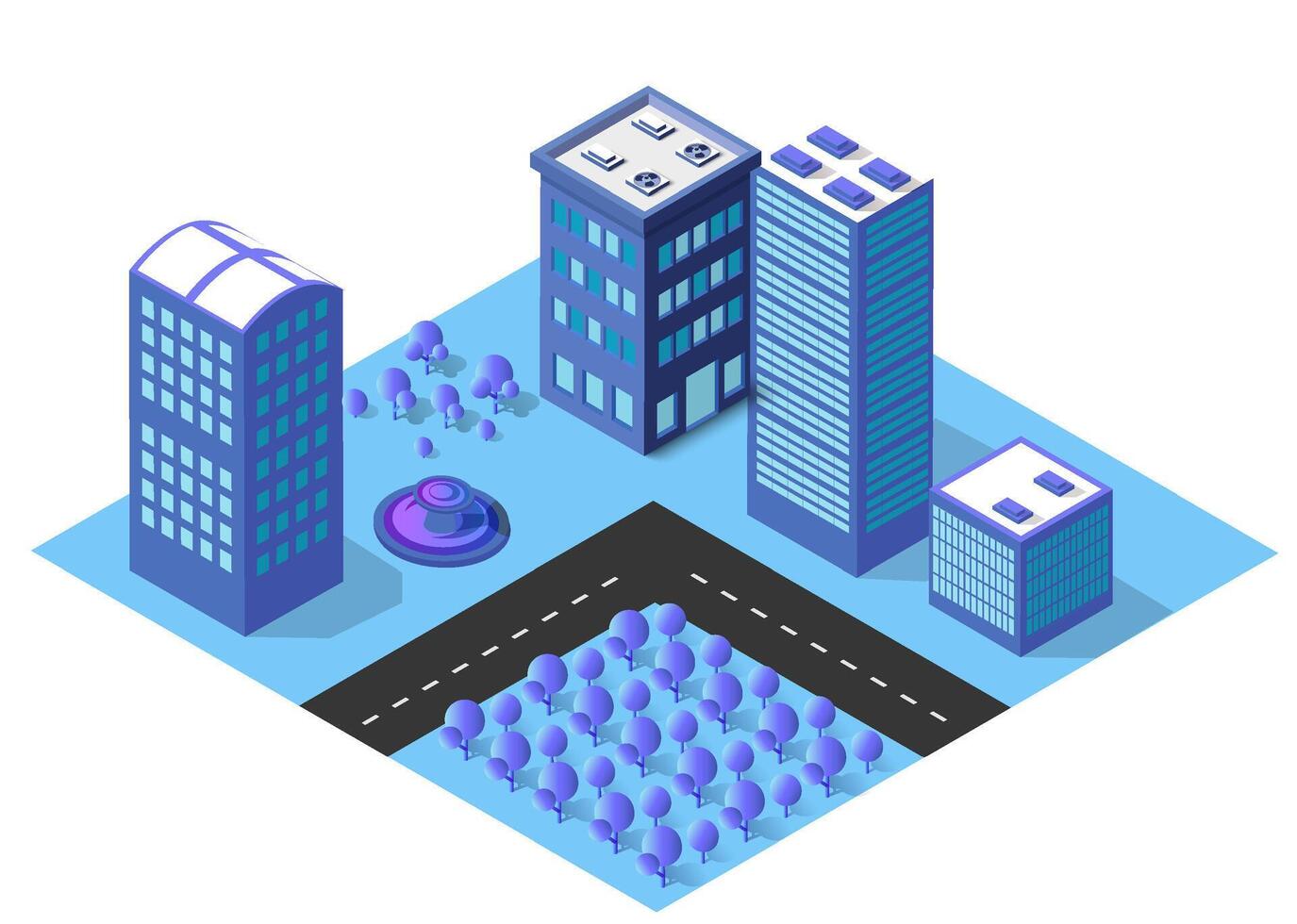 Residential town night city urban 3D illustration of neon ultraviolet of urban infrastructure isometric buildings. graphics of the modern architecture construction. vector
