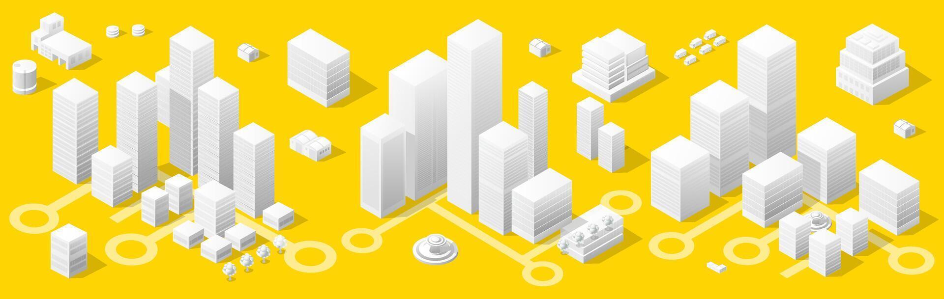 City urban area map Isometric vehicles 3D illustration architecture town street with a lot of building houses and skyscrapers, streets, trees vector