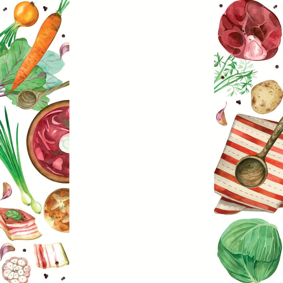 Recipe of national cuisine, borscht. Vegetables, meat for cooking borscht, potatoes, cabbage, carrots, garlic, tablecloth. All objects are hand-drawn with watercolors. Frame for menus, recipes, books vector