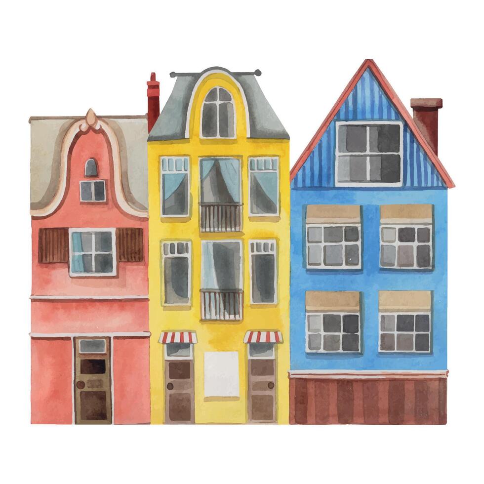 Watercolor illustration. Three multi-storey buildings, ancient architecture, all objects are hand-drawn with watercolors. Houses in yellow, blue and pink colors. For printing on fabric, paper vector