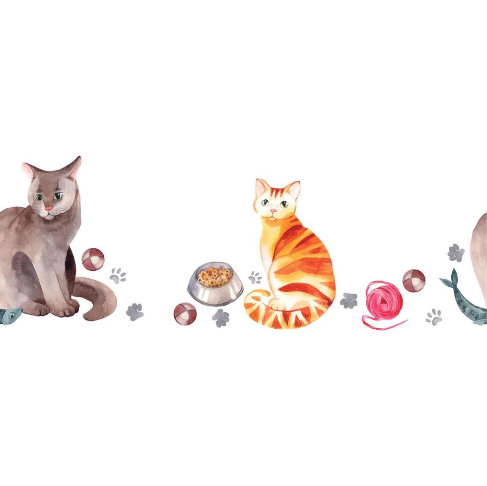 Cats of different breeds, red tabby cat, gray cat, bowl with food, balls for games, ball of wool, all objects are hand-drawn with watercolors. For printing, posters, packaging of goods for animals vector