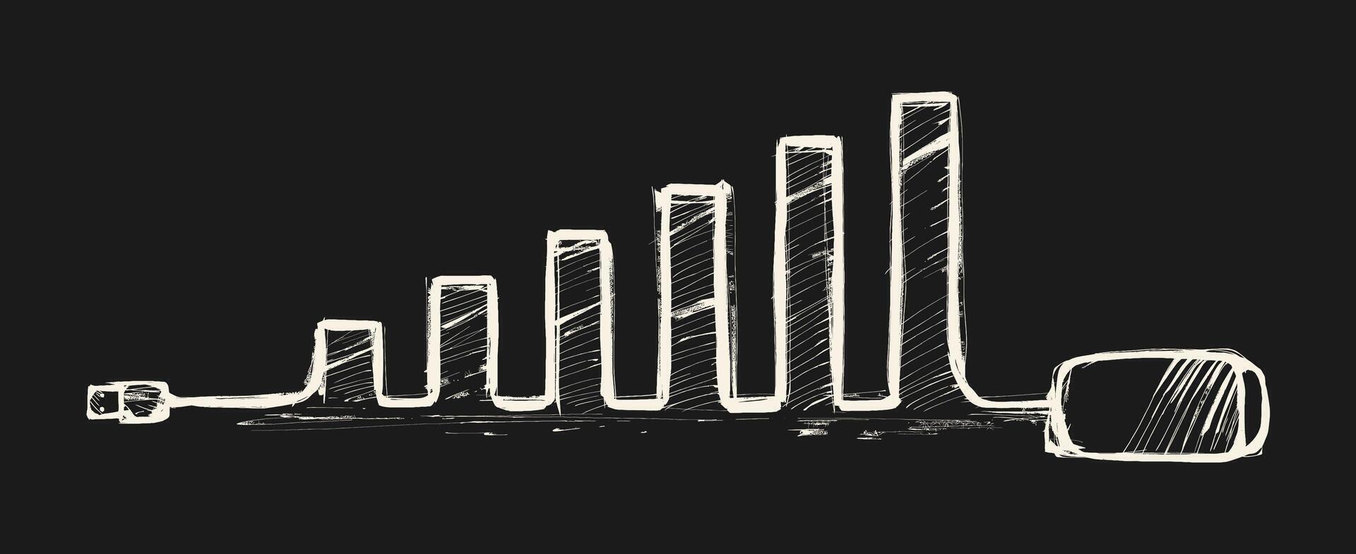 A hand drawn illustration depicting a mouse that creates an ascending graph from left to right vector