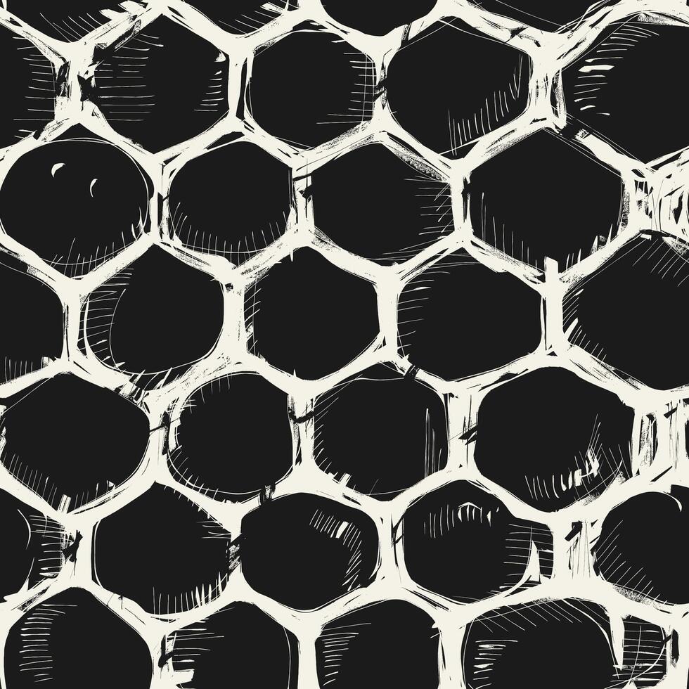 A grungy, hand-drawn honeycomb pattern in black and white, seamless pattern vector