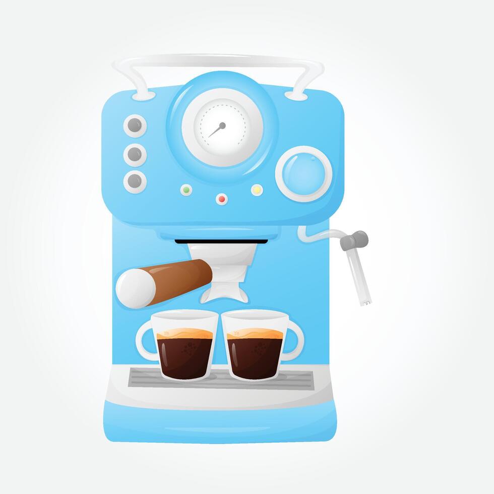 Coffee machine blue, with two expresso cups. Appliance for making different coffee beverages.Cafe hot drink maker. EPS 10 vector