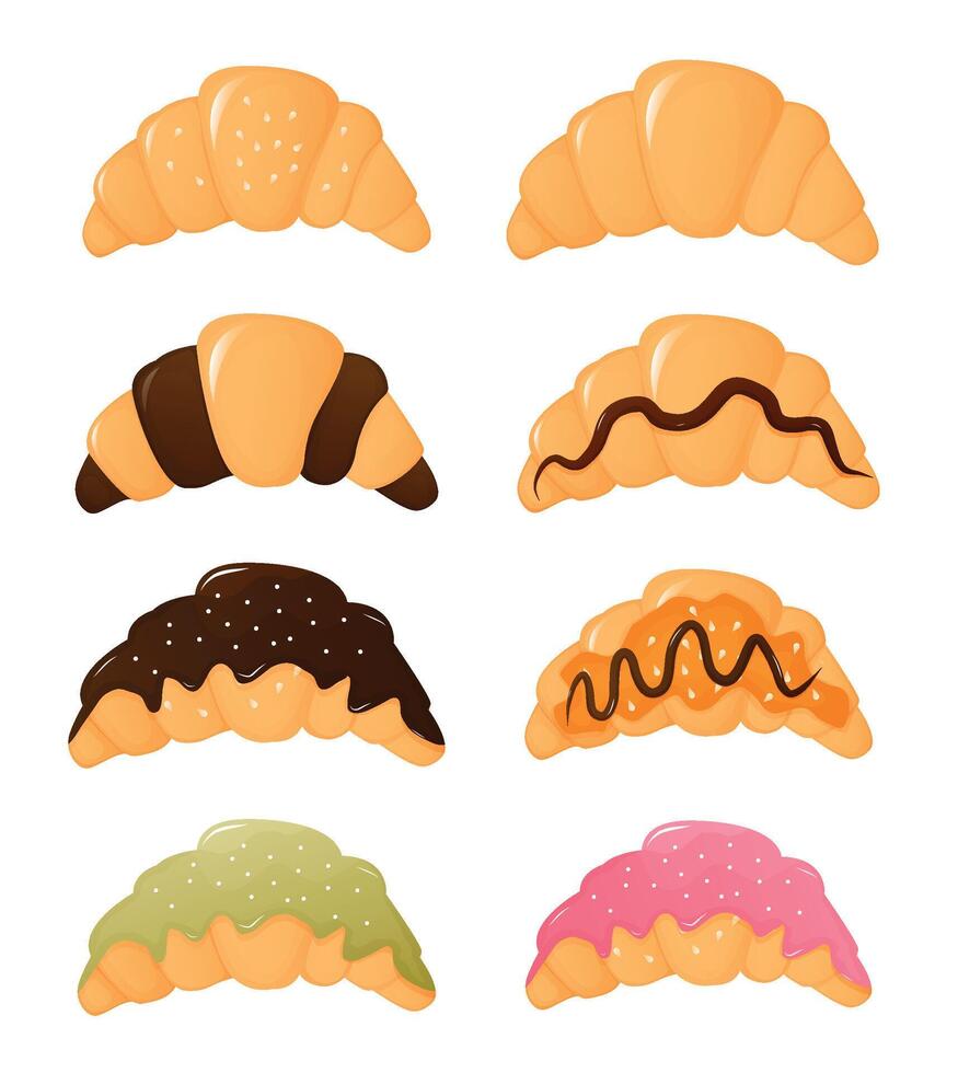 Set of sweet croissants. Chocolate, strawberry, caramel and pistachio croissant. Isolated illustration for poster, banner, menu, advertising. EPS10 vector