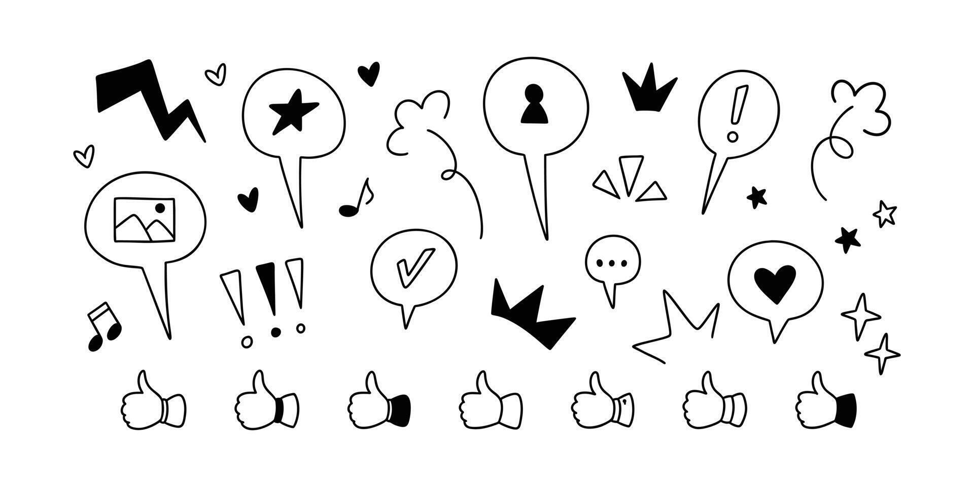 Cute line doodle social media like icons. Handwriting speech bubbles, text boxes, like, feedback, follow, subscribe illustrations. Kid, children party, birthday, anniversary invitation design elements vector