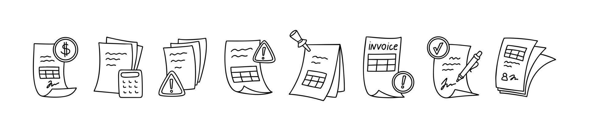 Invoice doodle icon set. Paper document, registration form, CV and resume, work contract, receipt, bill, agreement. Business papers sketch illustration vector