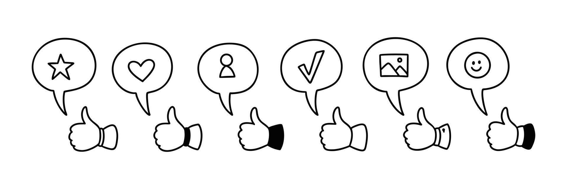 Thumb up cute line doodle icons set. Positive feedback, like, subscription, send and read message handwriting illustration. Speech bubble set vector