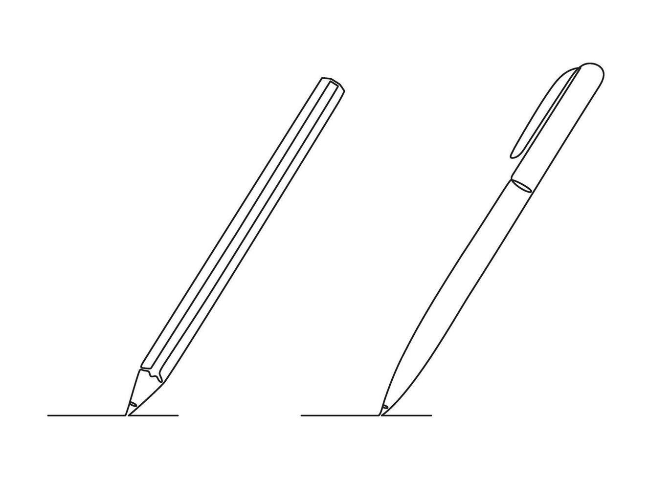 Pen and pencil write, one continuous line drawing. Writing thin stroke. Minimalism simple linear style. Study, education, business document concept. Doodle hand drawn continuous contour illustration vector
