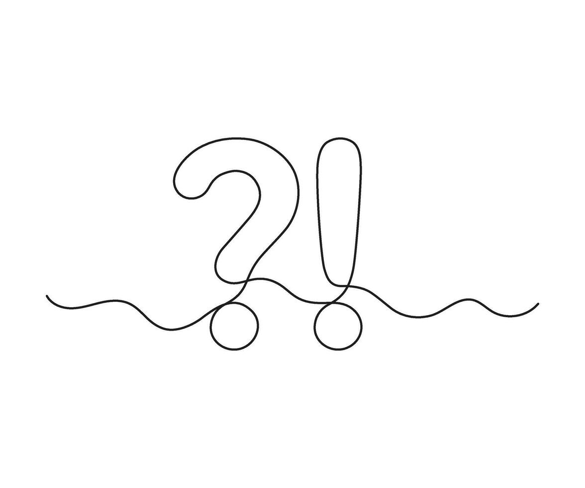 Question exclamation mark, one line continuous drawing. Simple minimalism design style, linear background signs. Emotional expression of surprise, delight, bewilderment, indignation outline vector