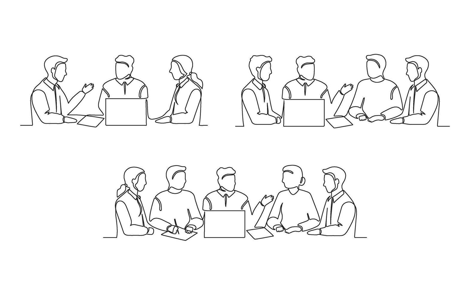 Business meeting of group office people, work on laptop set, continuous one line drawing. Teamwork, learning or business talking, partnership in work. Simple single outline style illustration vector