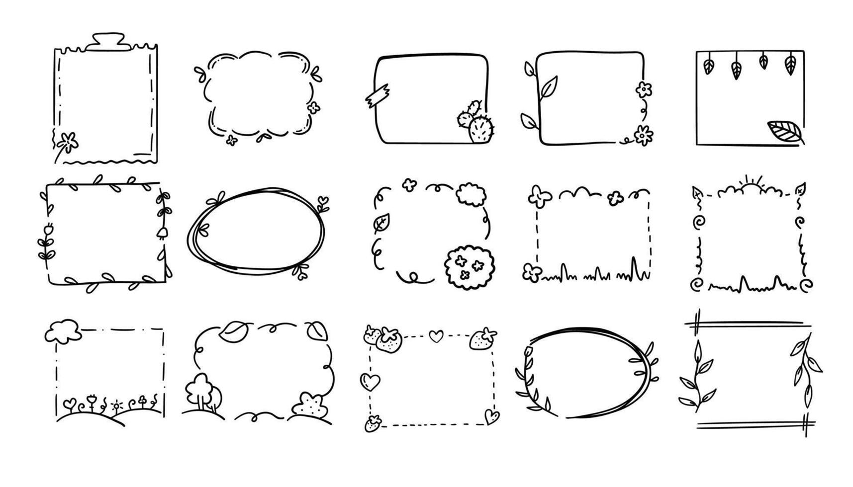 Hand drawn set of square scribbles frame. Flower and leaf frame decoration. Botanical branch, wreath, garland, border graphic design. Doodle line empty frames. illustration vector