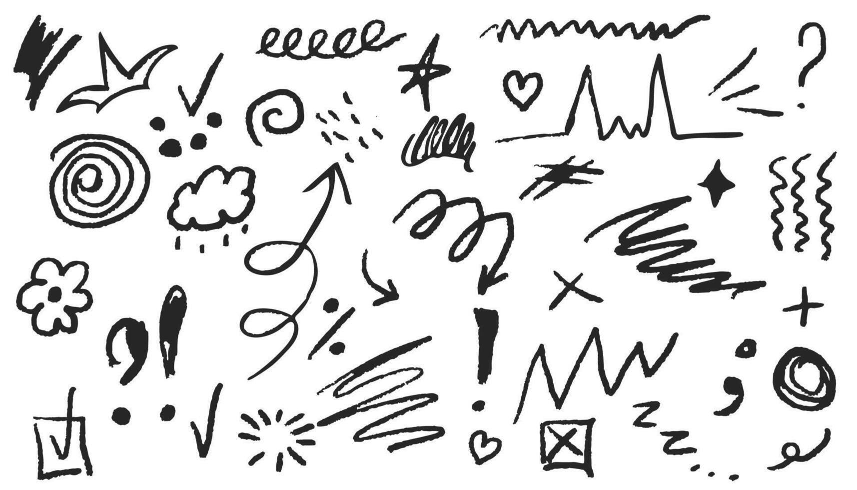 Collection fun doodle shapes drawn with charcoal or chalk. Charcoal pen liner doodle elements, crown, emphasis arrow, speech bubble, scribble. comic doodle style isolated on white background vector