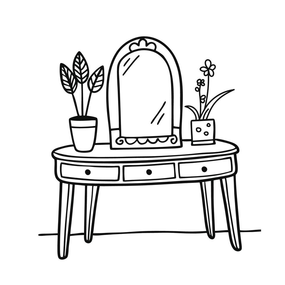 Dressing table with mirror and plants. illustration in doodle style. vector