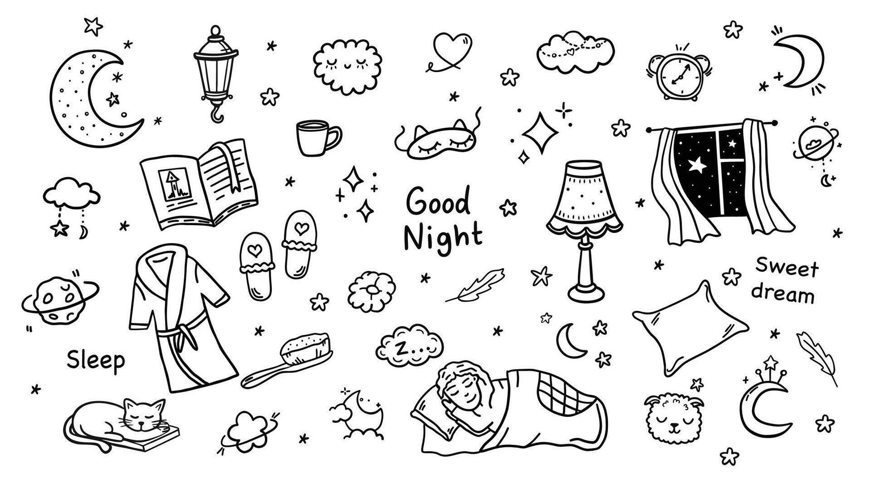 Sleep, relax time, dream night doodle set. Hand drawn sketch style. Moon, cat, star, lamp element. illustration. vector