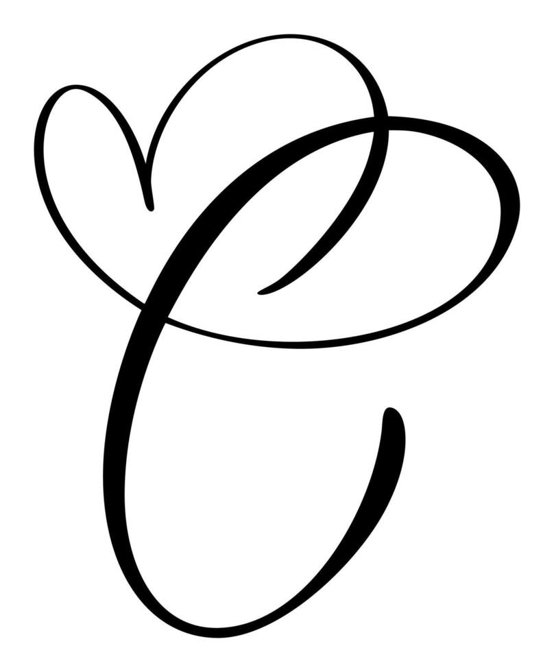 Hand drawn calligraphy love letter C. Vintage heart monogram. Script capital font logo. Handwritten brush style. element Valentine flourish. sign for page decoration design illustration vector