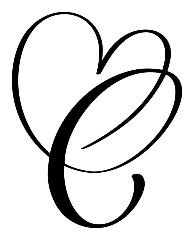 Hand drawn calligraphy love letter C. Vintage heart monogram. Script capital font logo. Handwritten brush style. element Valentine flourish. sign for page decoration design illustration vector