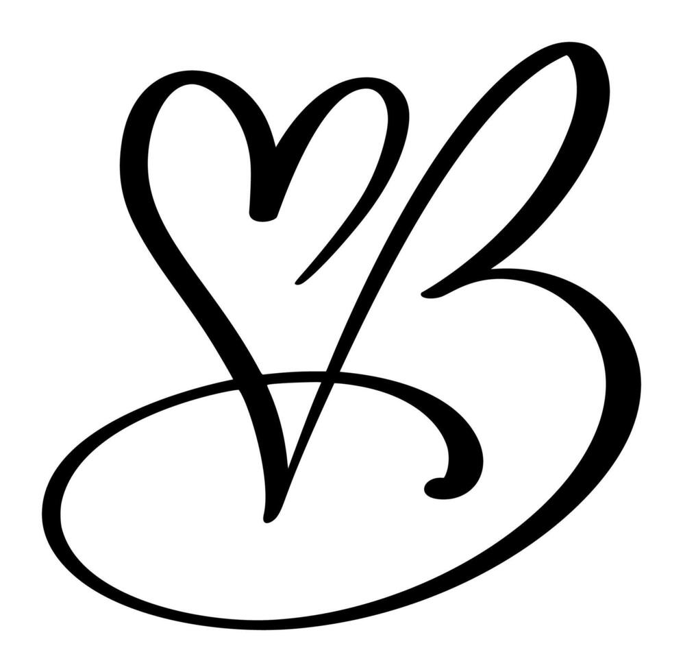 Script capital font logo calligraphy love letter B initial. Hand drawn brush style flourish. Vintage heart monogram. Valentine flourish element. Sign for page decoration design illustration vector