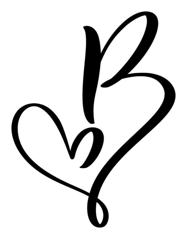 Script capital font logo calligraphy love letter B initial. Hand drawn brush style flourish. Vintage heart monogram. Valentine flourish element. Sign for page decoration design illustration vector
