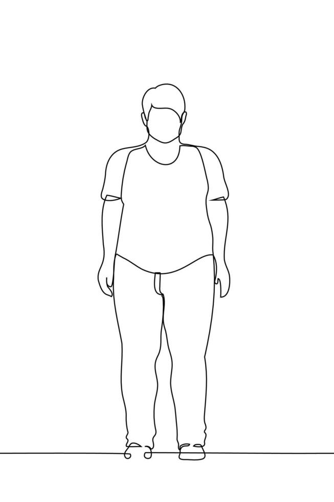 full length plus size man standing in t-shirt and pants - one line art . concept plus size male model, male plumpness vector