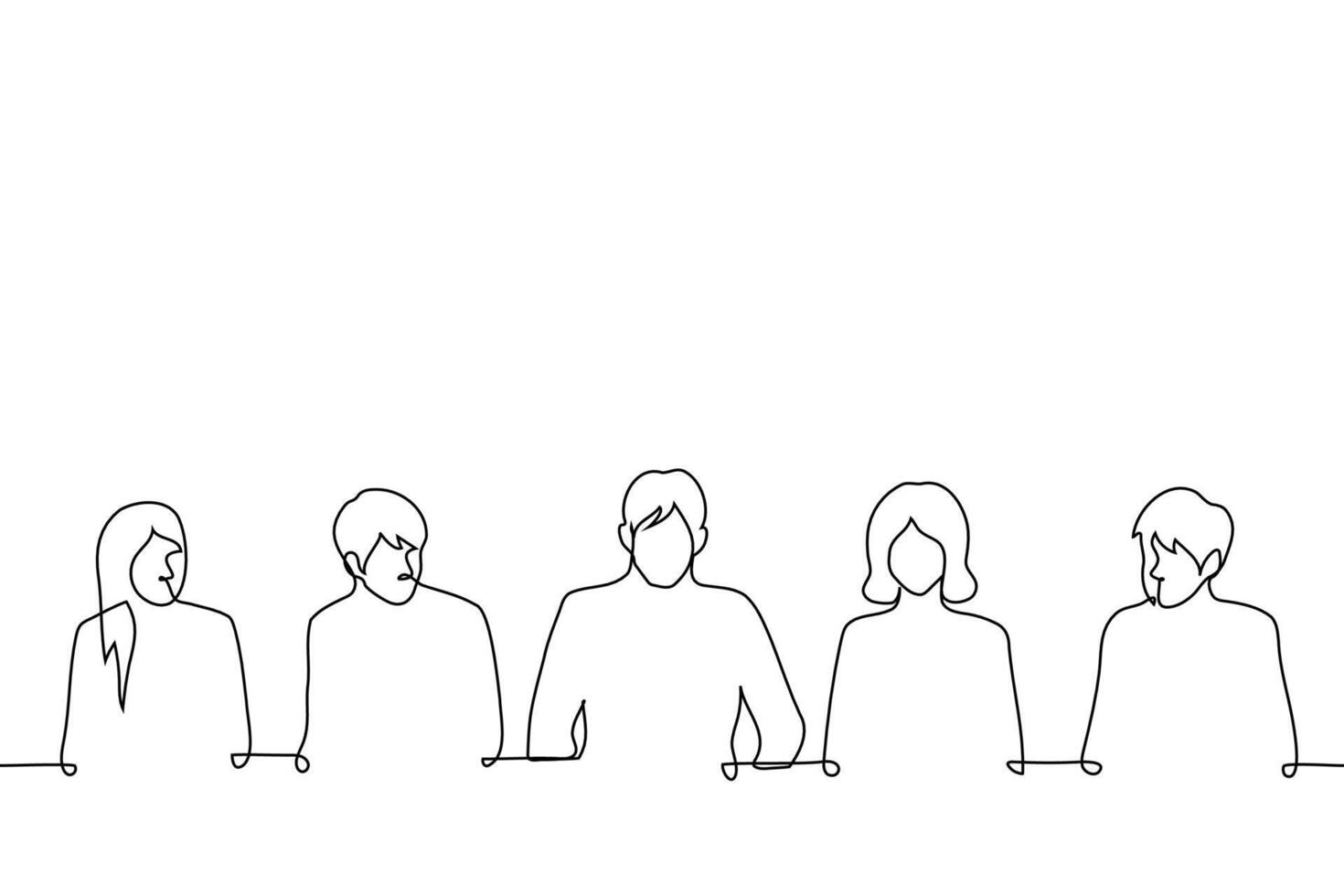 press conference with people in suits sitting at a long table on one side - one line art . concept officials, businessmen and businesswomen vector