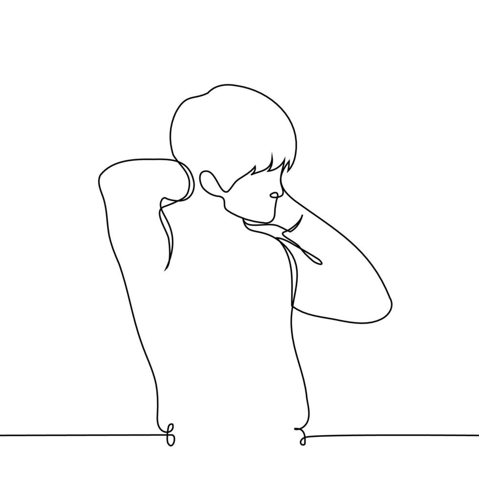 man standing massaging the back of his neck - one line art . concept neck pain, self massage vector