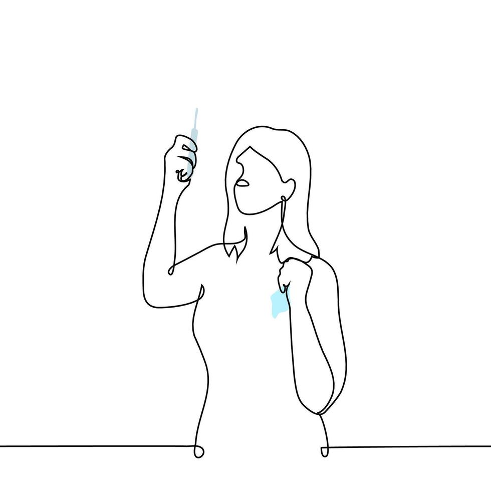 woman checking temperature with thermometer with handkerchief in hand - one line art . concept cold woman looking at result of body temperature measurement vector