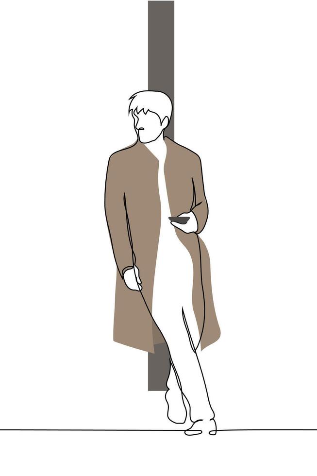 man in raincoat holding phone standing full length leaning on street pole - one line art vector