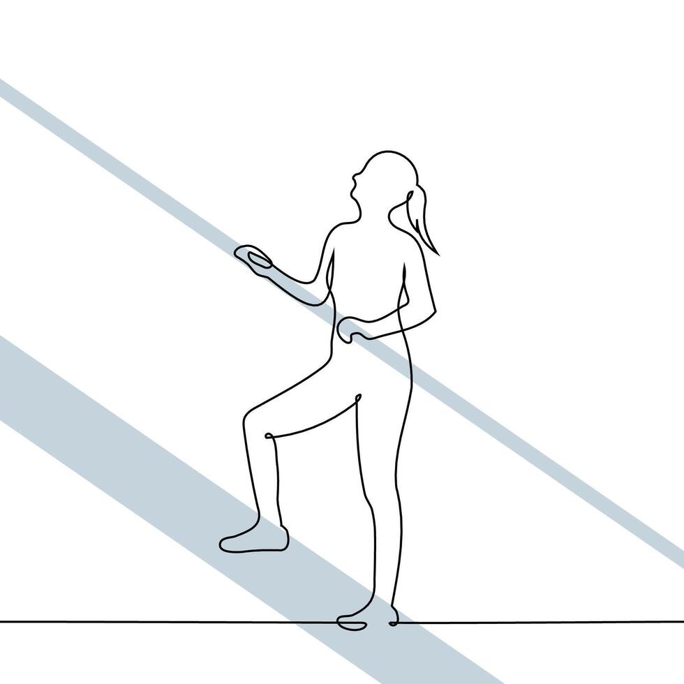 woman standing on stairs holding railing with both hands and looking up throwing head back - one line art . concept going up on escalator, career growth vector