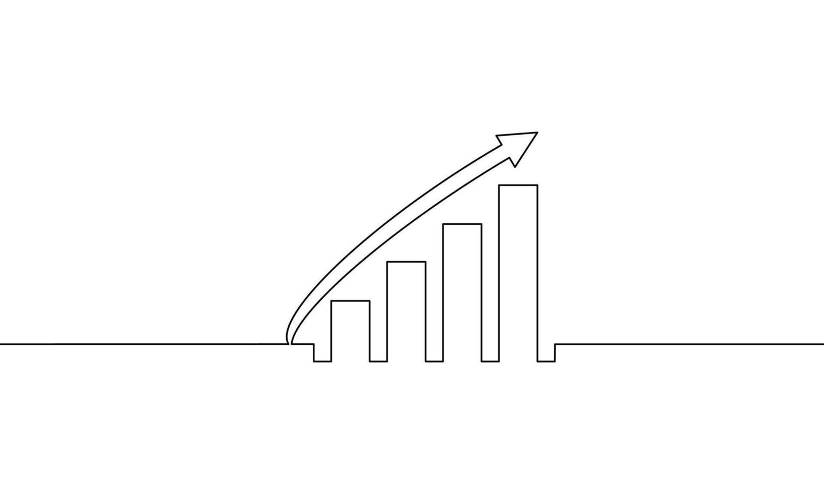 Continuous line drawing of graph. Arrow up, business growth icon, bar chart. Object one line, single line art, illustration vector