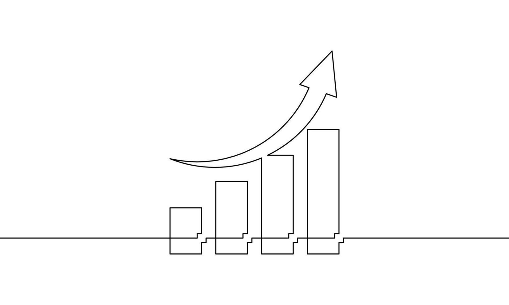 Continuous line drawing of increasing arrow up with bar chart. Single line art of graph icon. Illustration of business growth. Object one line sign symbol vector