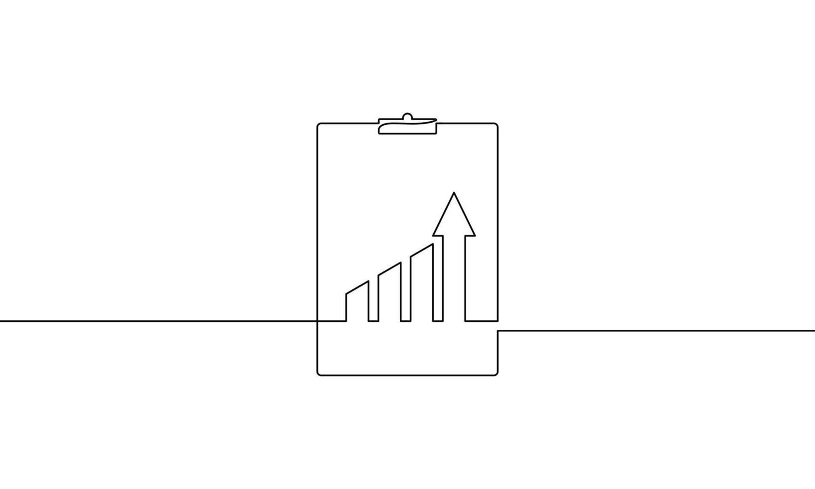 Hand drawn of clipboard with graph. Continuous one line drawing of bar chart with arrow up. Single line art of icreasing arrow. Business growth icon vector