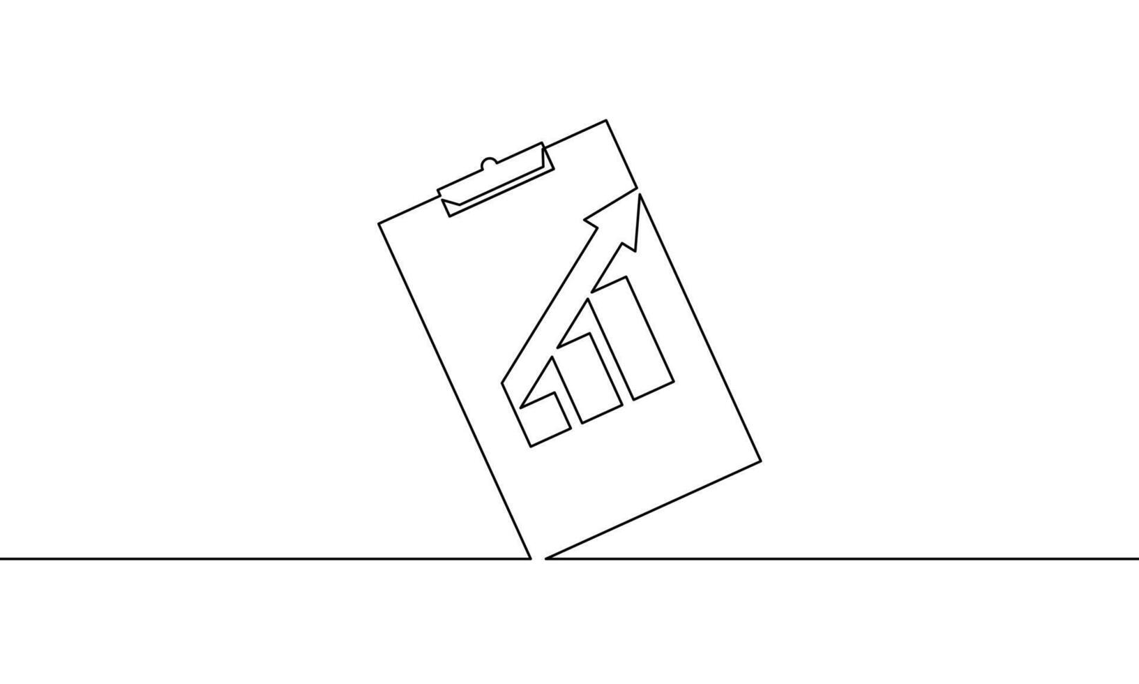 Continuous line drawing of clipboard. Growth graph outline. Arrow up. Business growth. Bar chart. Object one line, single line art, illustration vector