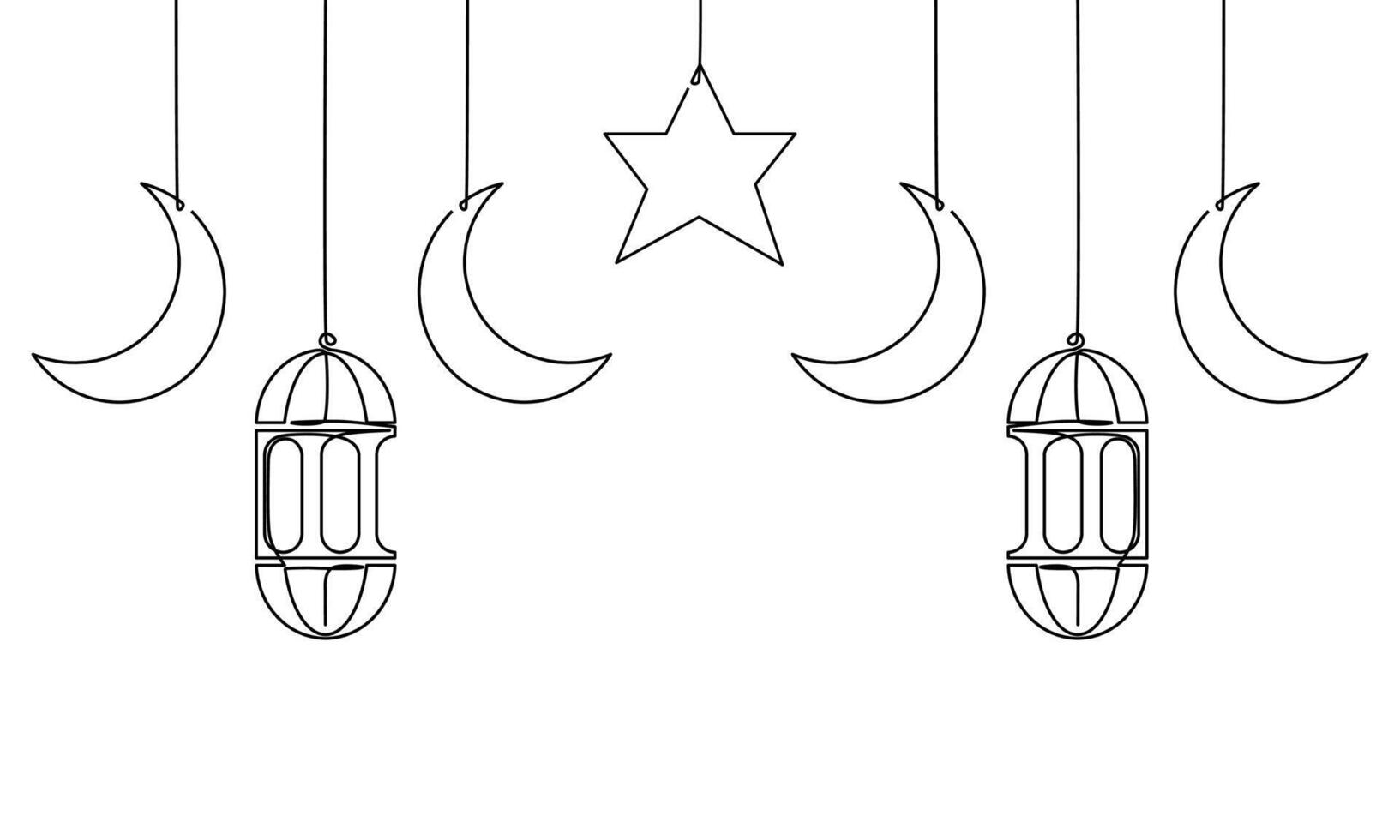 Continuous line drawing of ramadan kareem greeting card. Lantern, moon and star islamic decoration. Single line art of eid mubarak. Object one line, illustration vector