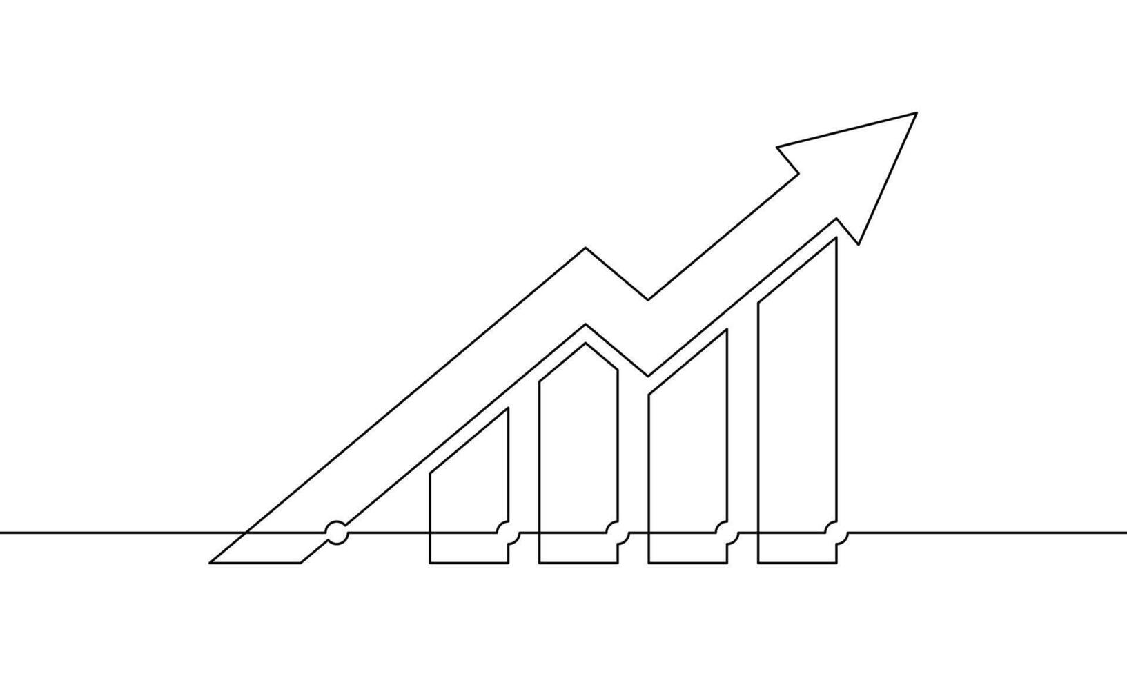 Continuous one line drawing of graph. Illustration of arrow up. Single line art of bar chart. Flat icon of business growth. Increasing arrow sign symbol vector