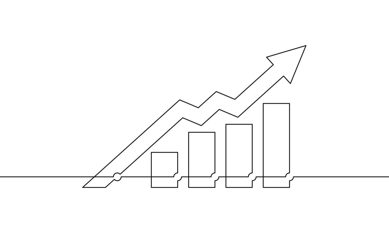 Continuous one line drawing of graph. Business growth icon. Illustration of arrow up. Single line art of bar chart. Increasing arrow sign symbol vector