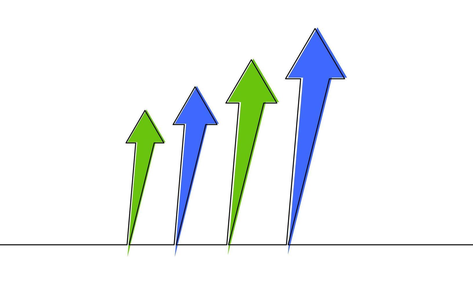 Continuous line drawing of graph icon business. Arrow up, green and blue color, growth graph, bar chart, object one line, single line art, illustration vector